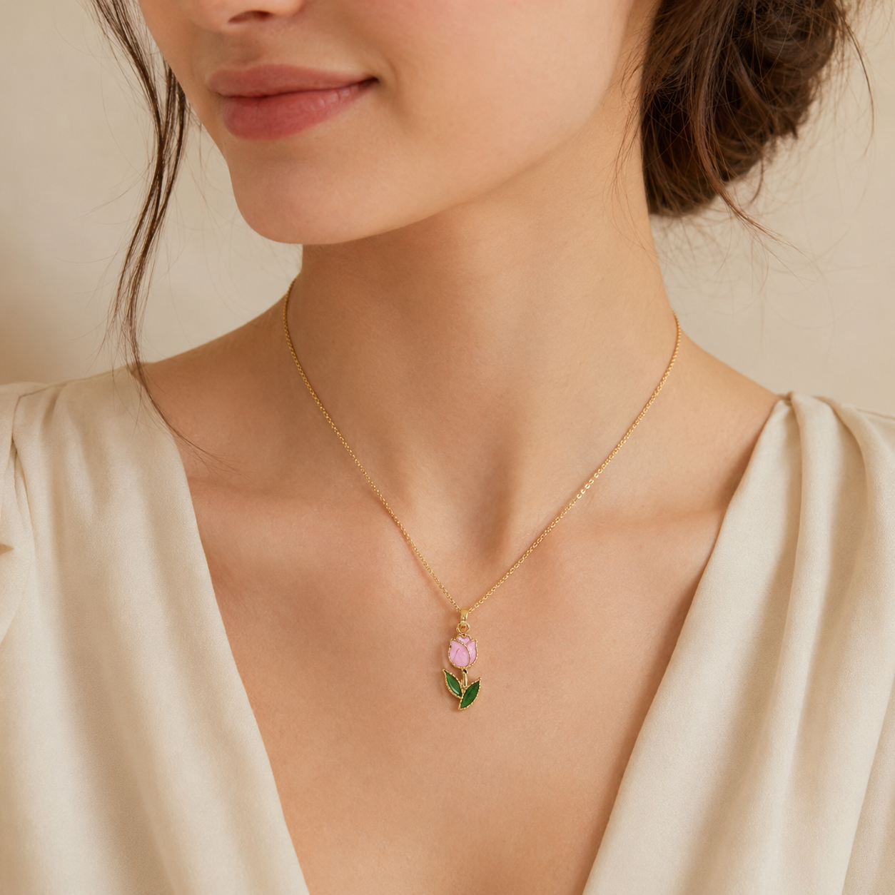 Model wearing Pink Tulip Gold Pendant Necklace