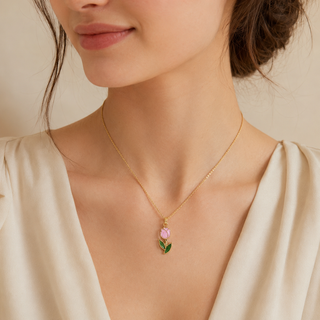 Model wearing Pink Tulip Gold Pendant Necklace
