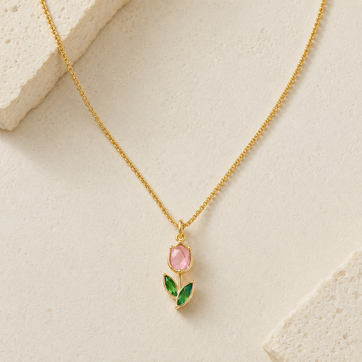Pink Tulip Gold Pendant Necklace product view