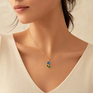 Model wearing Blue Tulip Gold Pendant Necklace