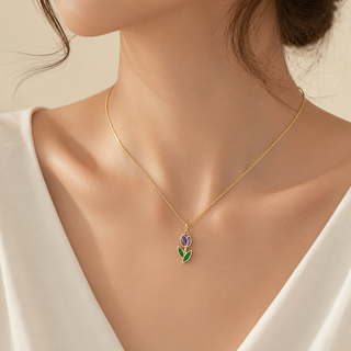Model wearing Purple Tulip Gold Pendant Necklace