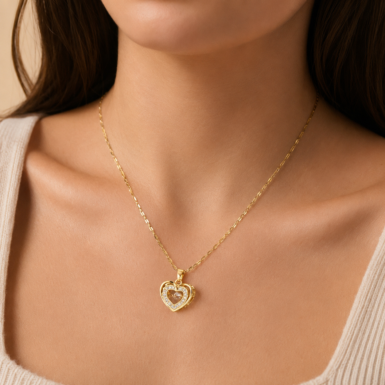 Model wearing Crystal Heart Gold Pendant Necklace