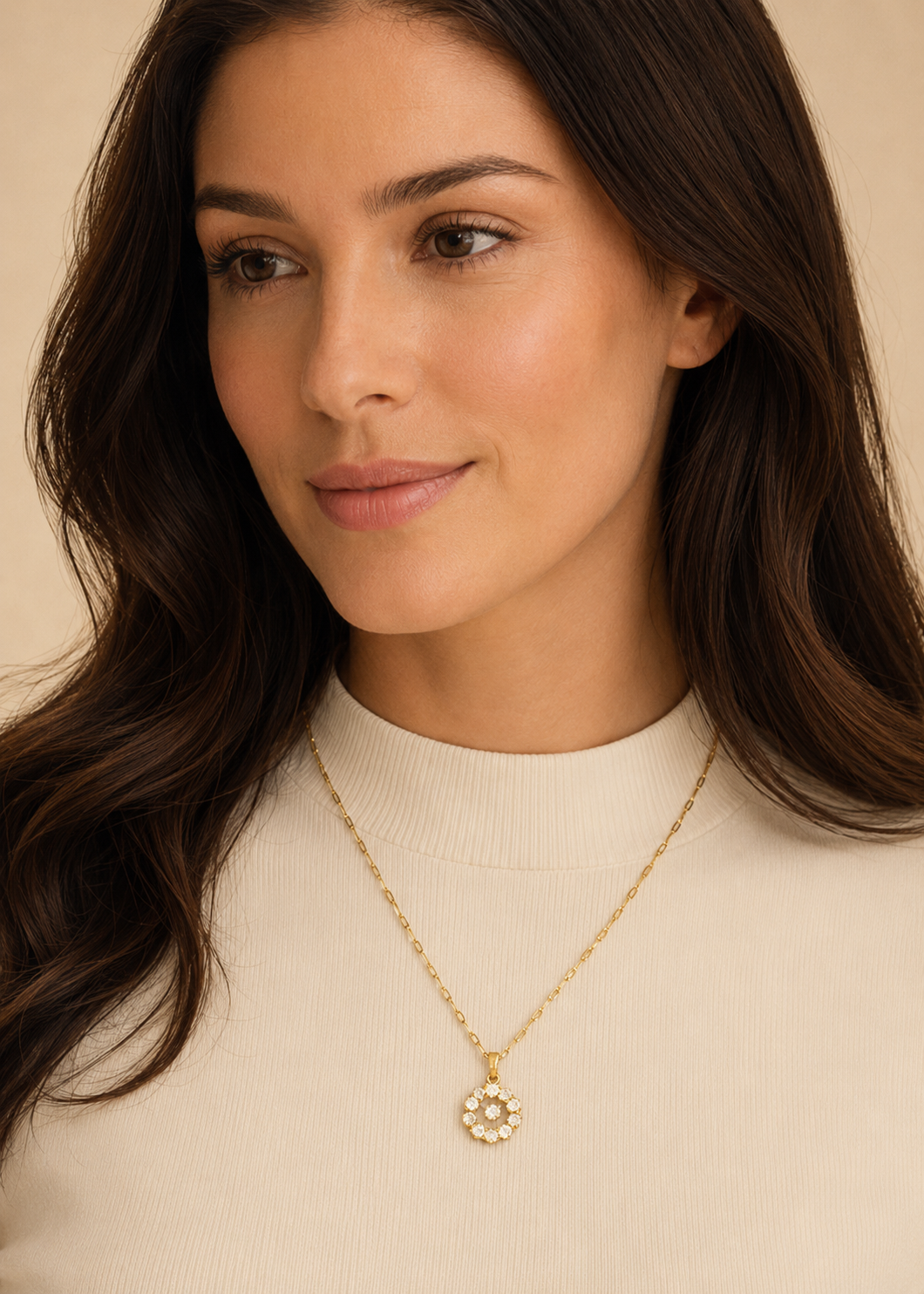 Model wearing Floral Crystal Gold Pendant Necklace