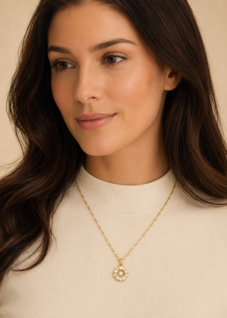 Model wearing Floral Crystal Gold Pendant Necklace