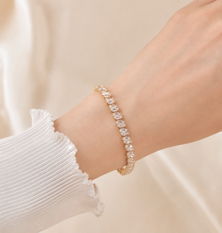Model wearing Crystal Tennis Gold Bracelet – Style A