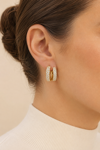 Model wearing Crystal Gold Hoop Earrings – 12mm