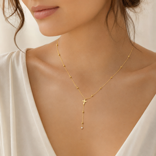 Model wearing Dainty Zircon Cross Y-Lariat Necklace