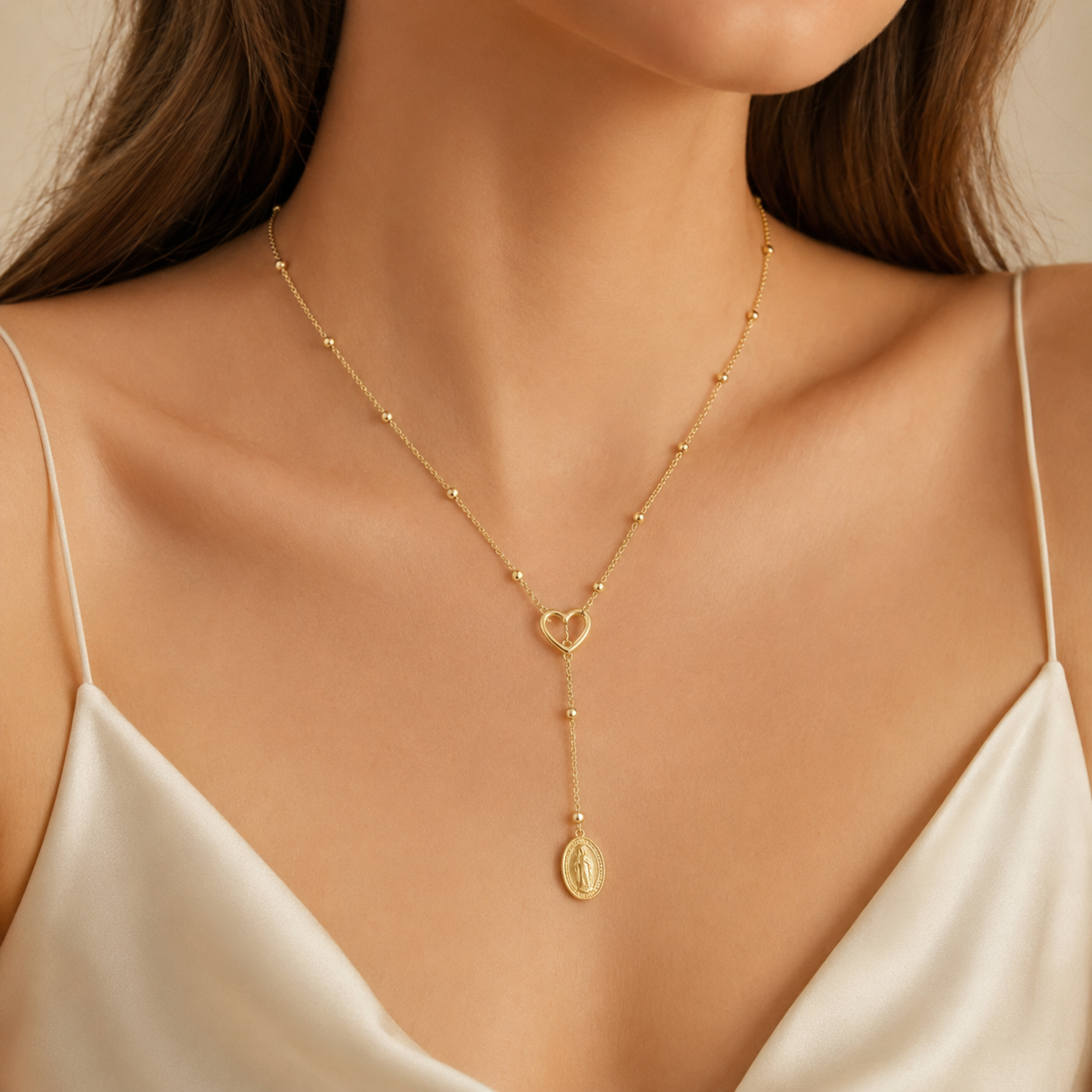 Model wearing Virgin Mary Zircon Ball-Chain Necklace – Style 1