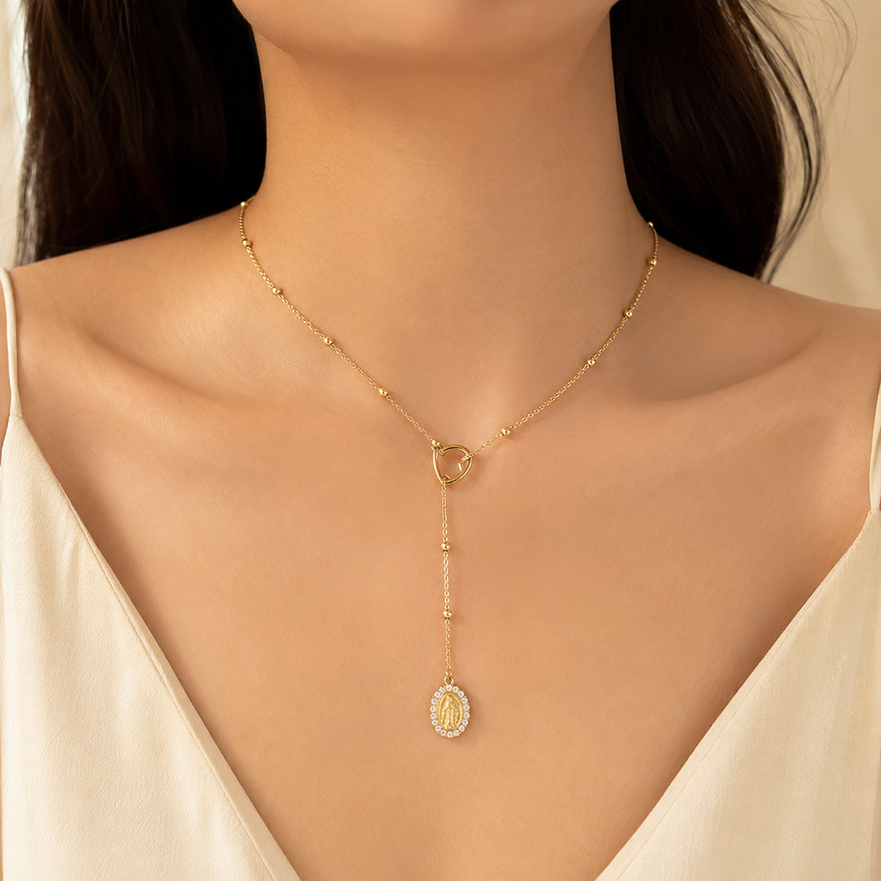 Model wearing Virgin Mary Zircon Ball-Chain Necklace – Style 2