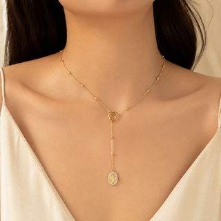 Model wearing Virgin Mary Zircon Ball-Chain Necklace – Style 2