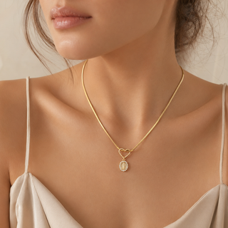 Model wearing Virgin Mary Zircon Snake-Chain Necklace
