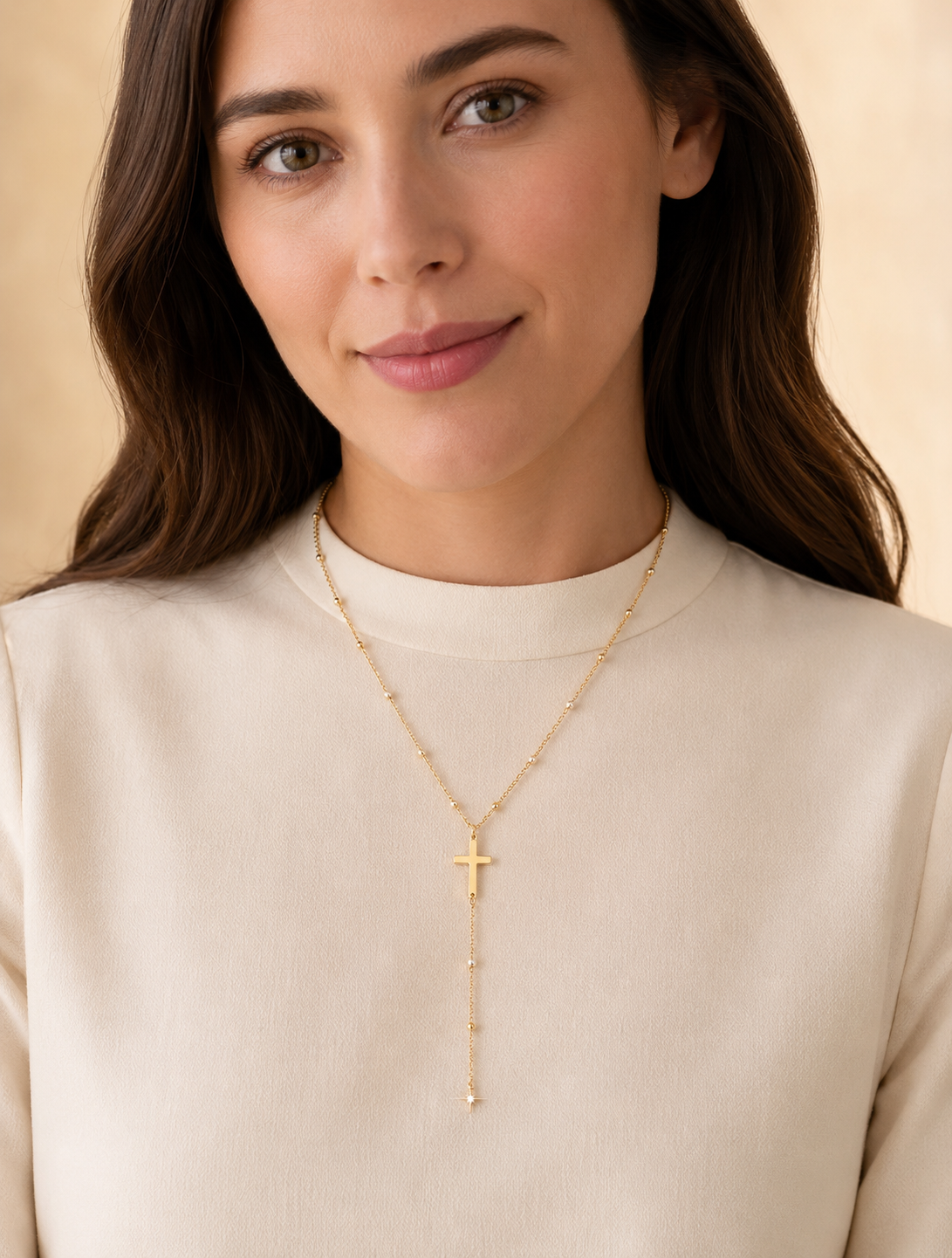 Model wearing Cross Y-Lariat Gold Necklace