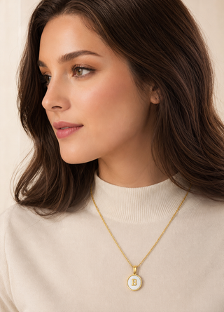 Model wearing Shell Initial Gold Pendant Necklace – B
