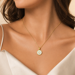Model wearing Shell Initial Gold Pendant Necklace – G