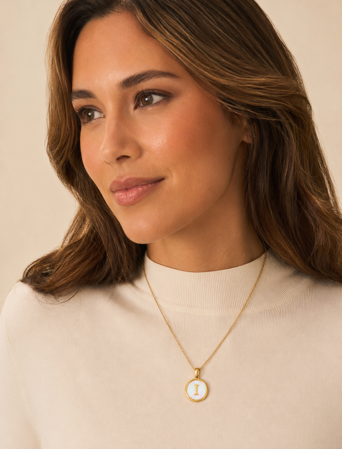 Model wearing Shell Initial Gold Pendant Necklace – I