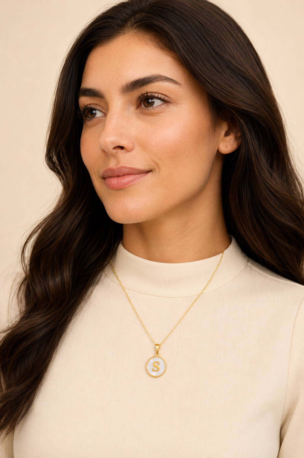 Model wearing Shell Initial Gold Pendant Necklace – S