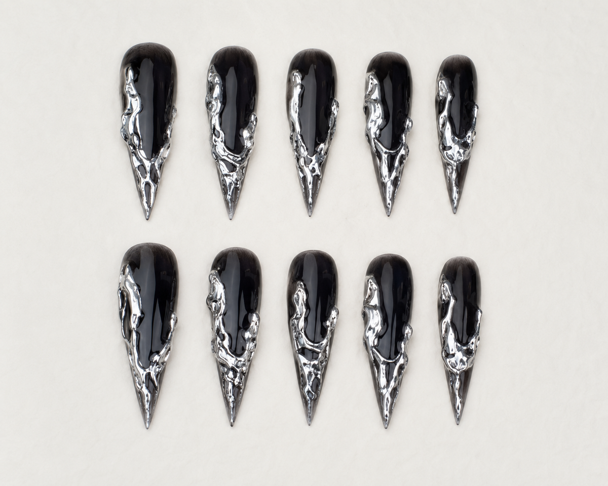 Liquid Silver Stiletto Press-On Nails - flatlay