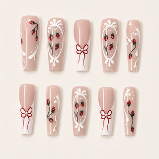 Strawberry Ribbon Lace Press-On Nails - flatlay