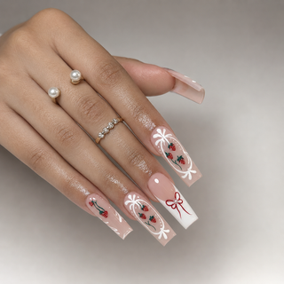 Strawberry Ribbon Lace Press-On Nails - handshot
