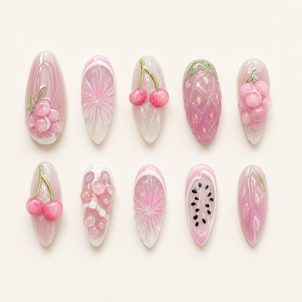 Pink Fruit Garden Press-On Nails - flatlay