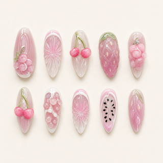 Pink Fruit Garden Press-On Nails - flatlay