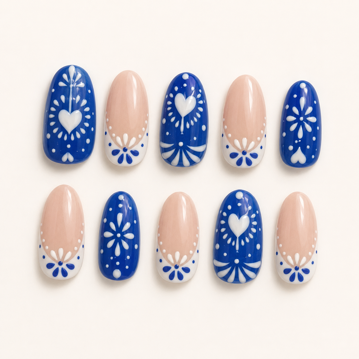 Cobalt Folk Heart Press-On Nails - flatlay