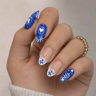 Cobalt Folk Heart Press-On Nails - handshot