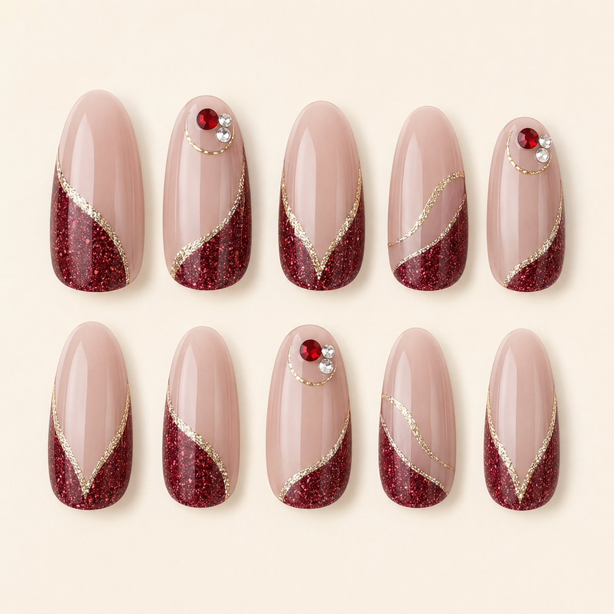 Merlot Gold Swirl Press-On Nails - flatlay