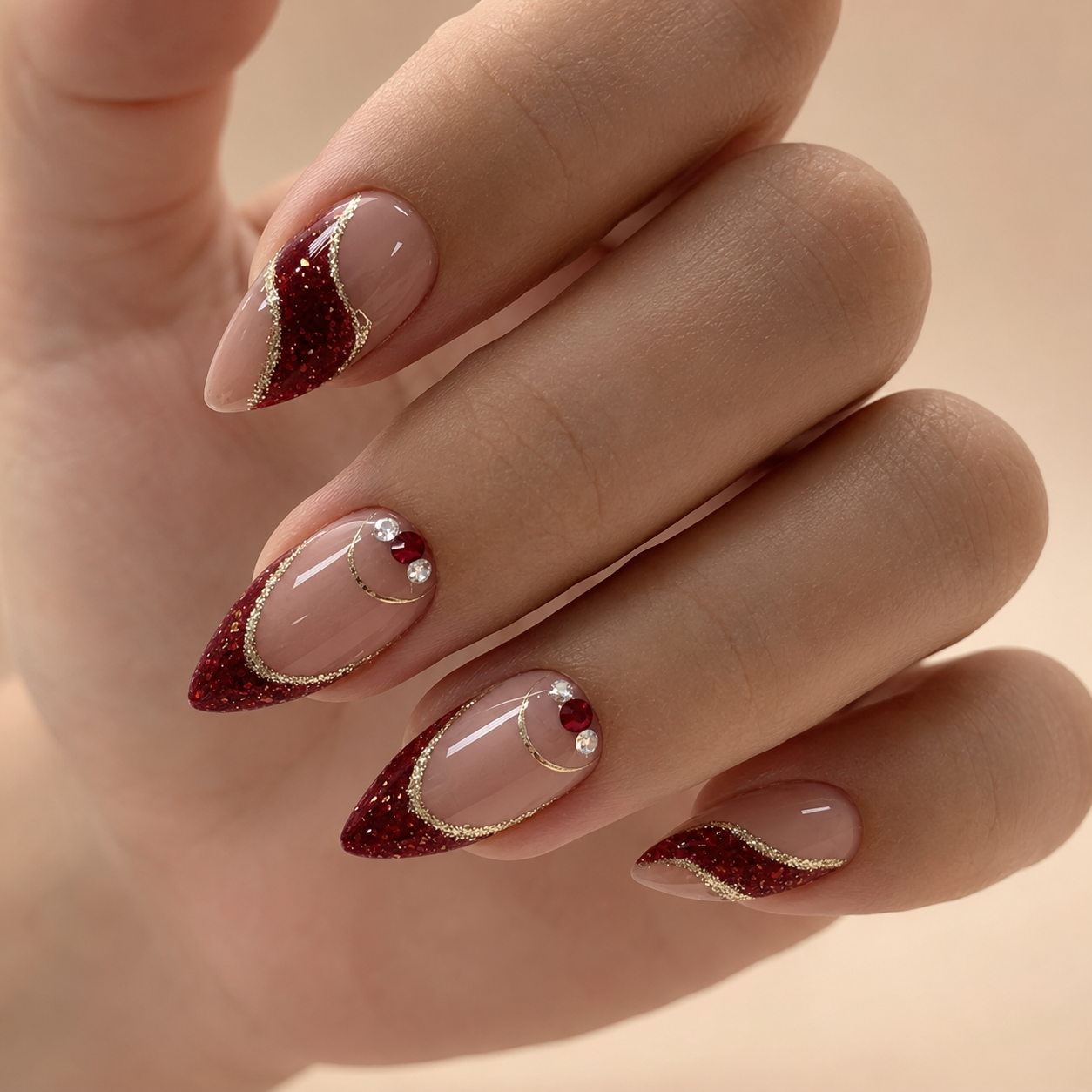 Merlot Gold Swirl Press-On Nails - handshot