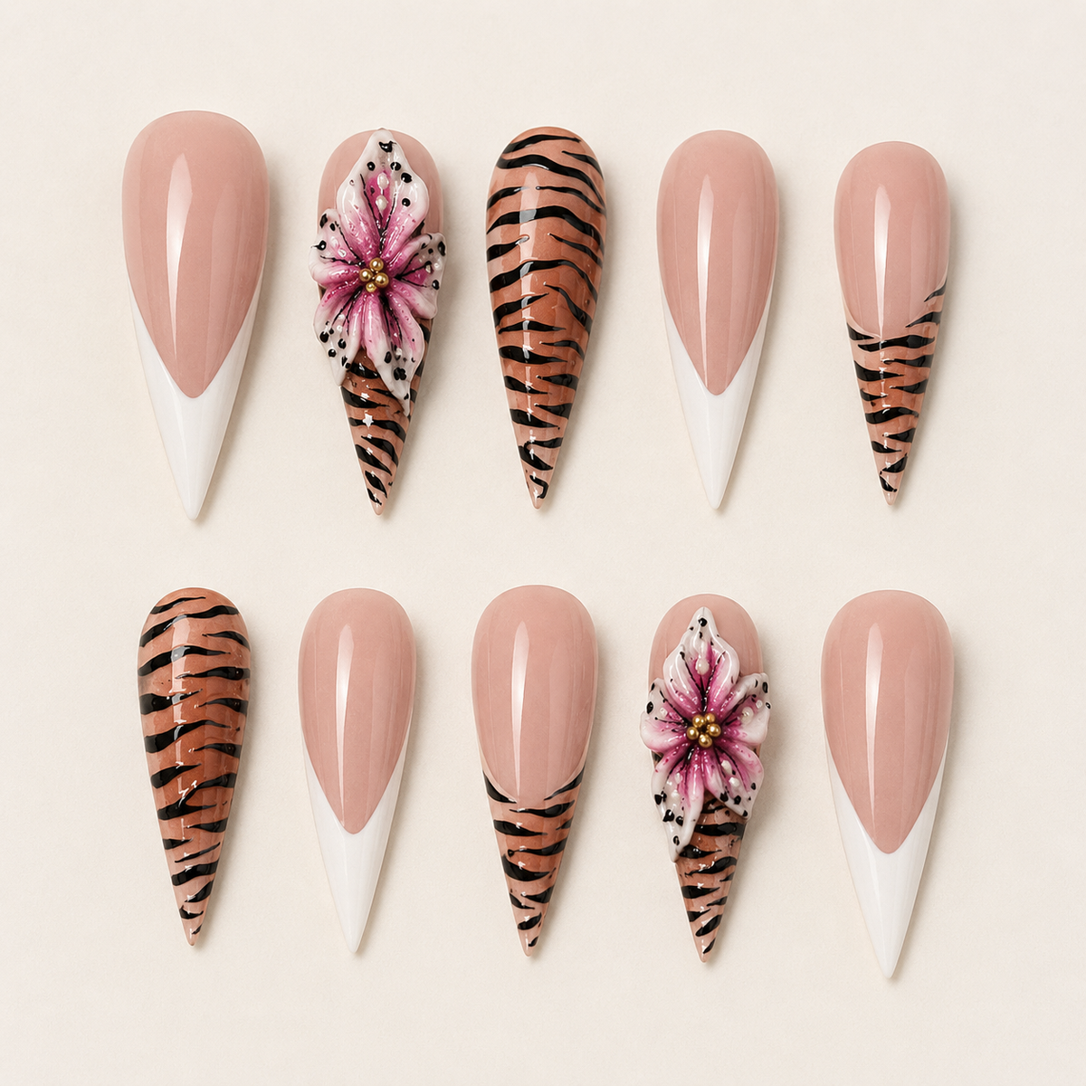 Tiger Lily Stiletto Press-On Nails - flatlay