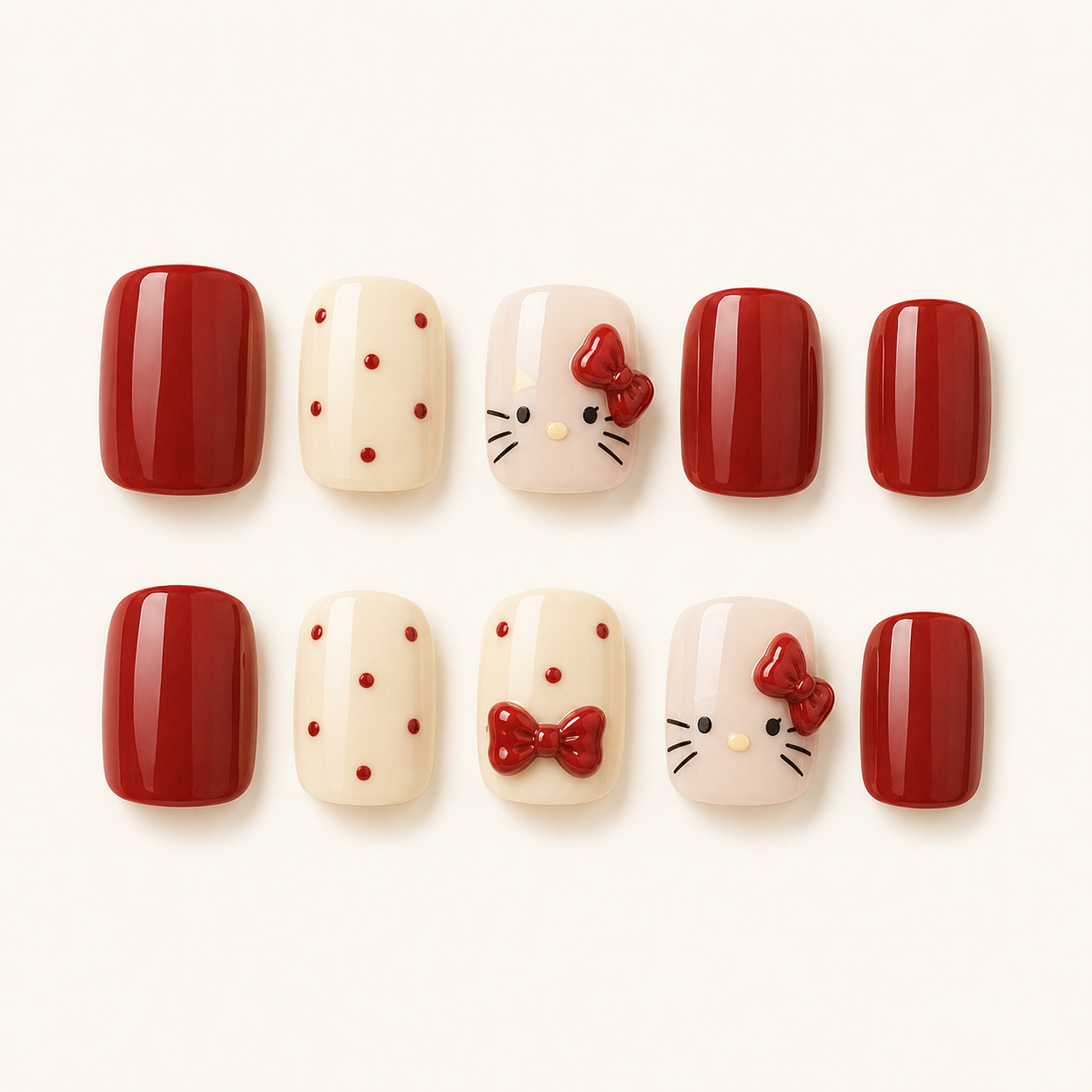 Cherry Cat Shorties Press-On Nails - flatlay