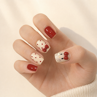 Cherry Cat Shorties Press-On Nails - handshot