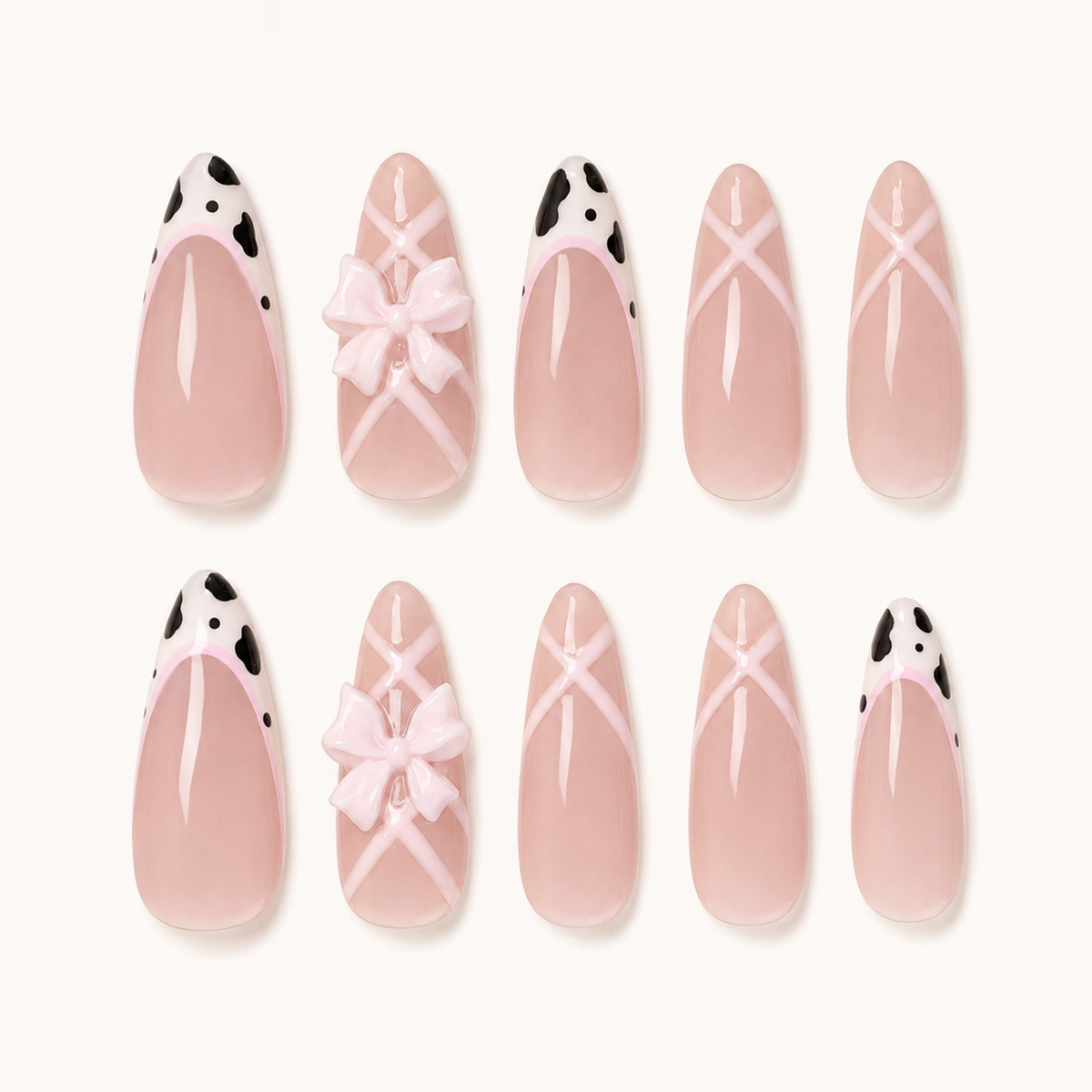 Ballet Cow Bow Press-On Nails - flatlay
