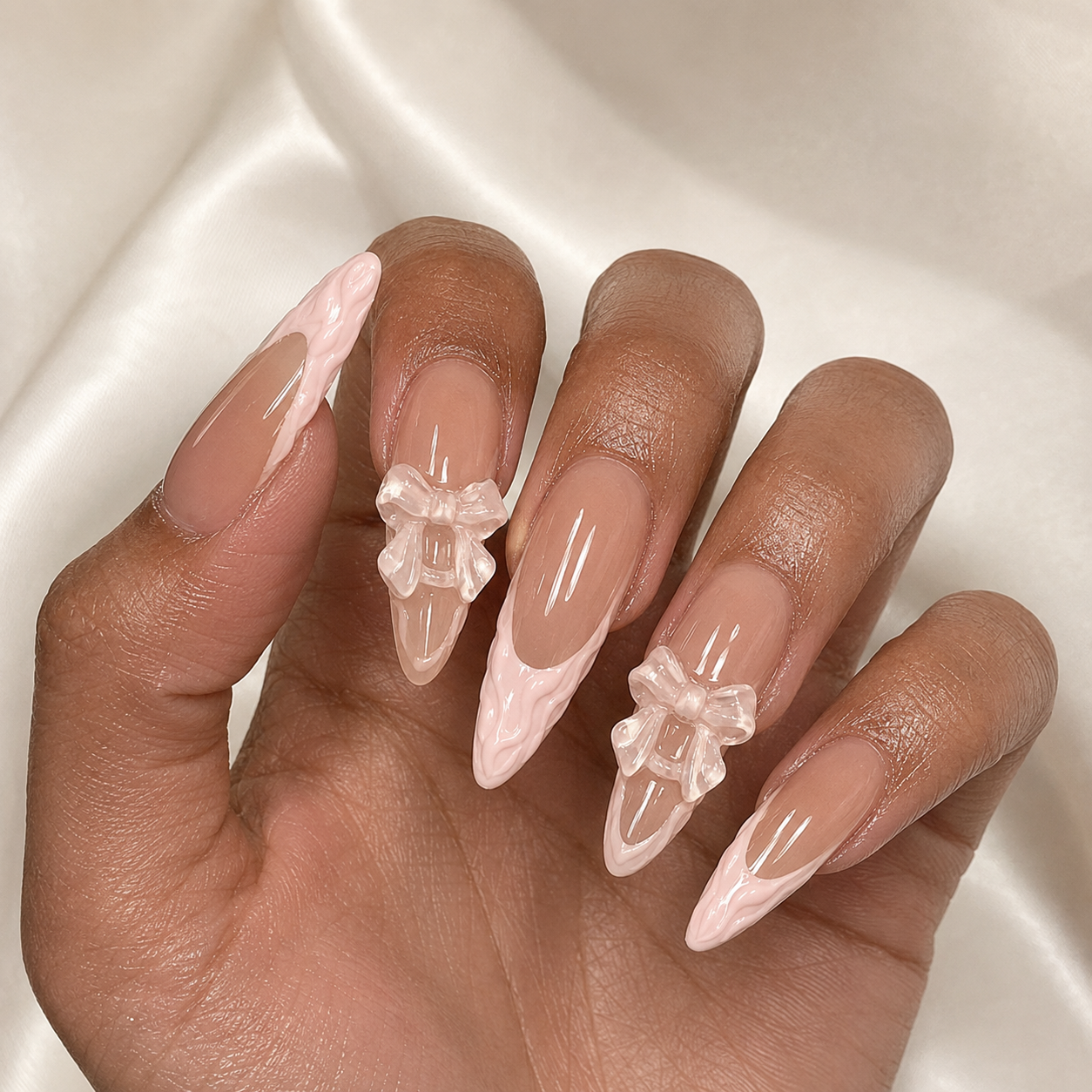 Porcelain Bow French Press-On Nails - handshot