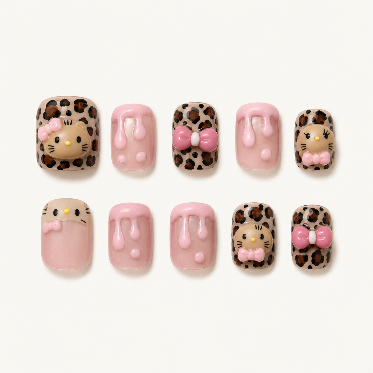 Kawaii Leopard Bow Press-On Nails - flatlay