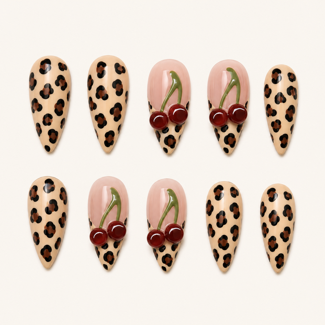 Cherry Leopard Press-On Nails - flatlay