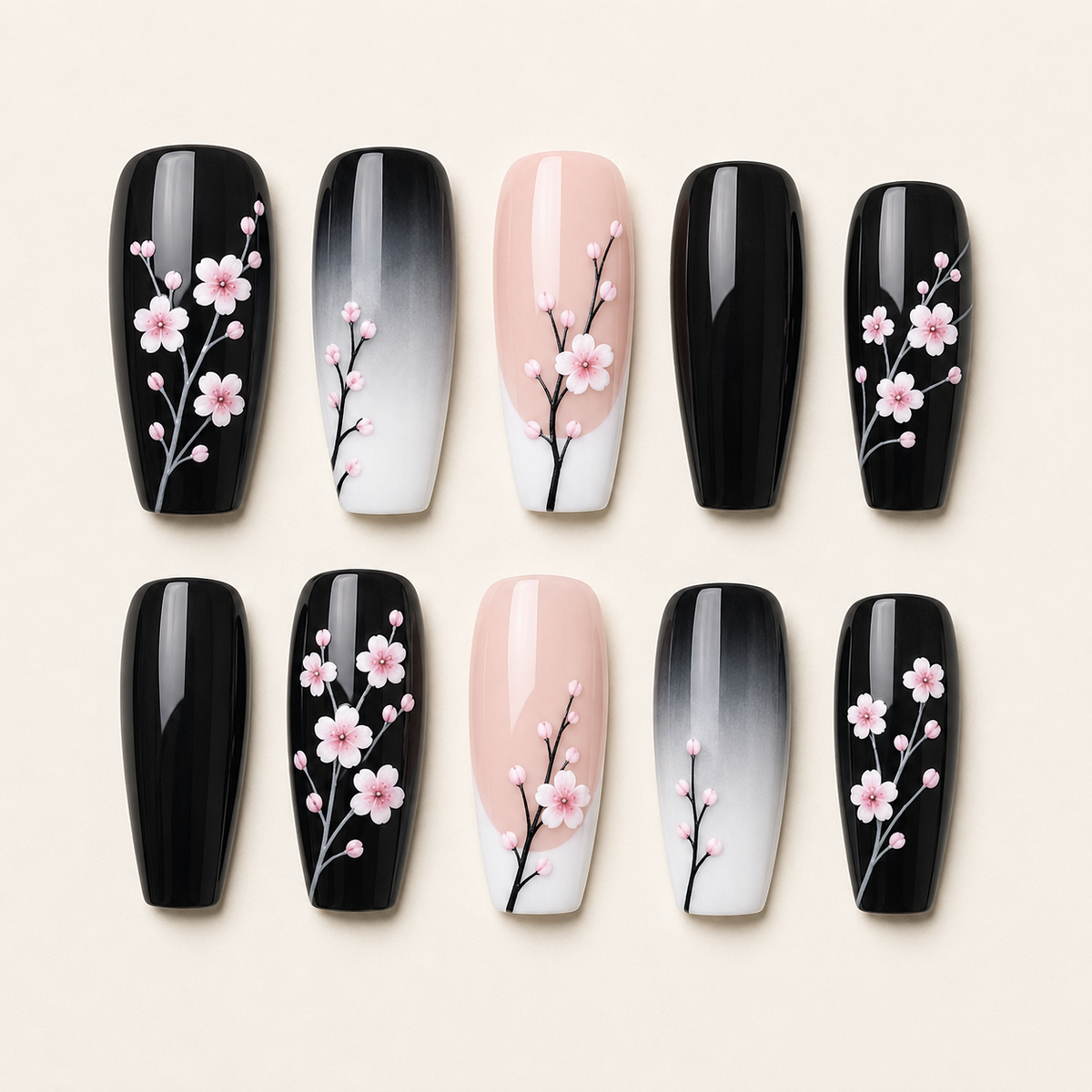 Midnight Sakura Press-On Nails - flatlay