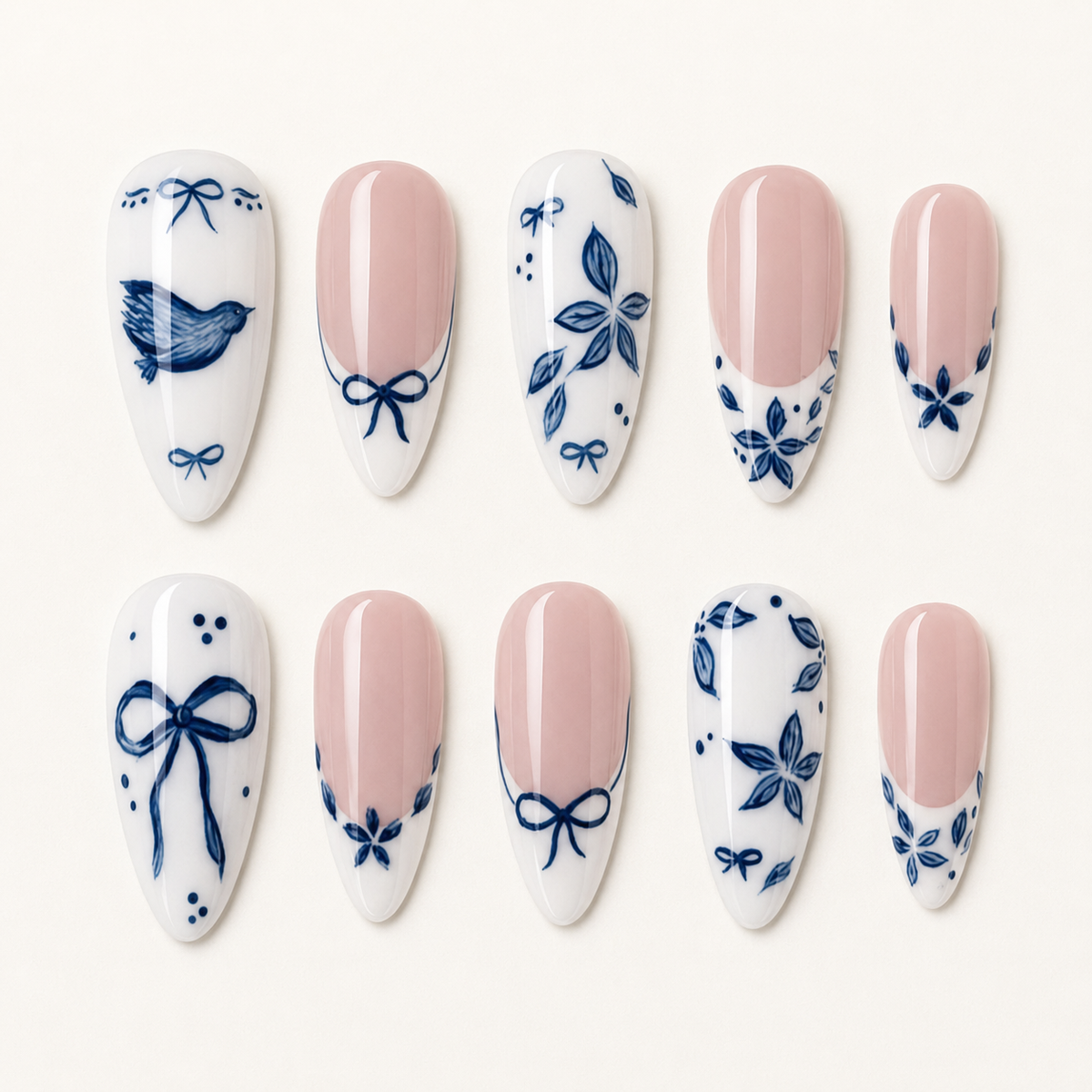Porcelain Blue Garden Press-On Nails - flatlay
