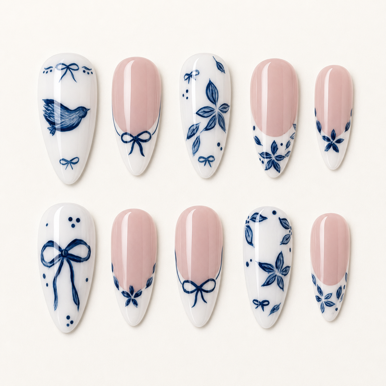 Porcelain Blue Garden Press-On Nails - flatlay