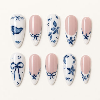 Porcelain Blue Garden Press-On Nails - flatlay