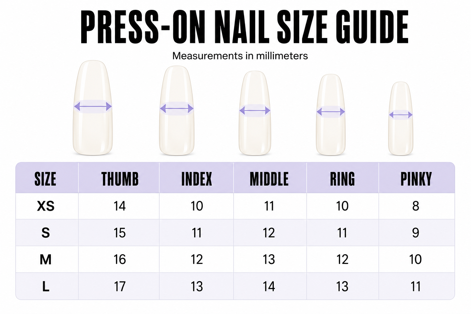 Beauty Fashion press-on nail size guide in millimeters for XS, S, M, and L